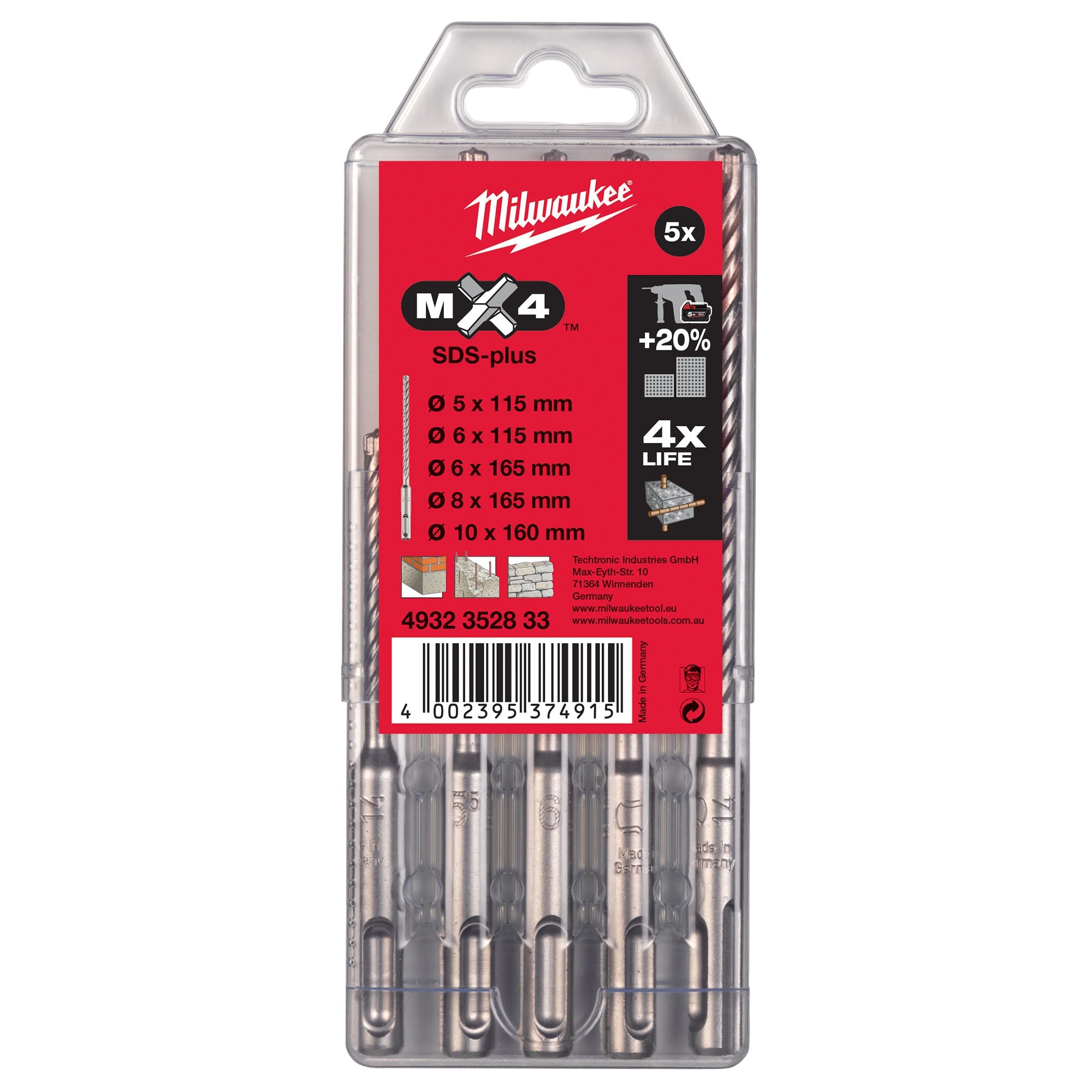 Jeu de Forets SDS-Plus MX4 Milwaukee 5 pcs